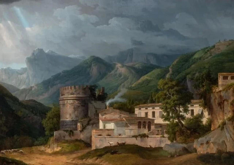 Alexandre Hyacinthe Dunouy - Paesaggio italiano con un villaggio ai piedi delle montagne